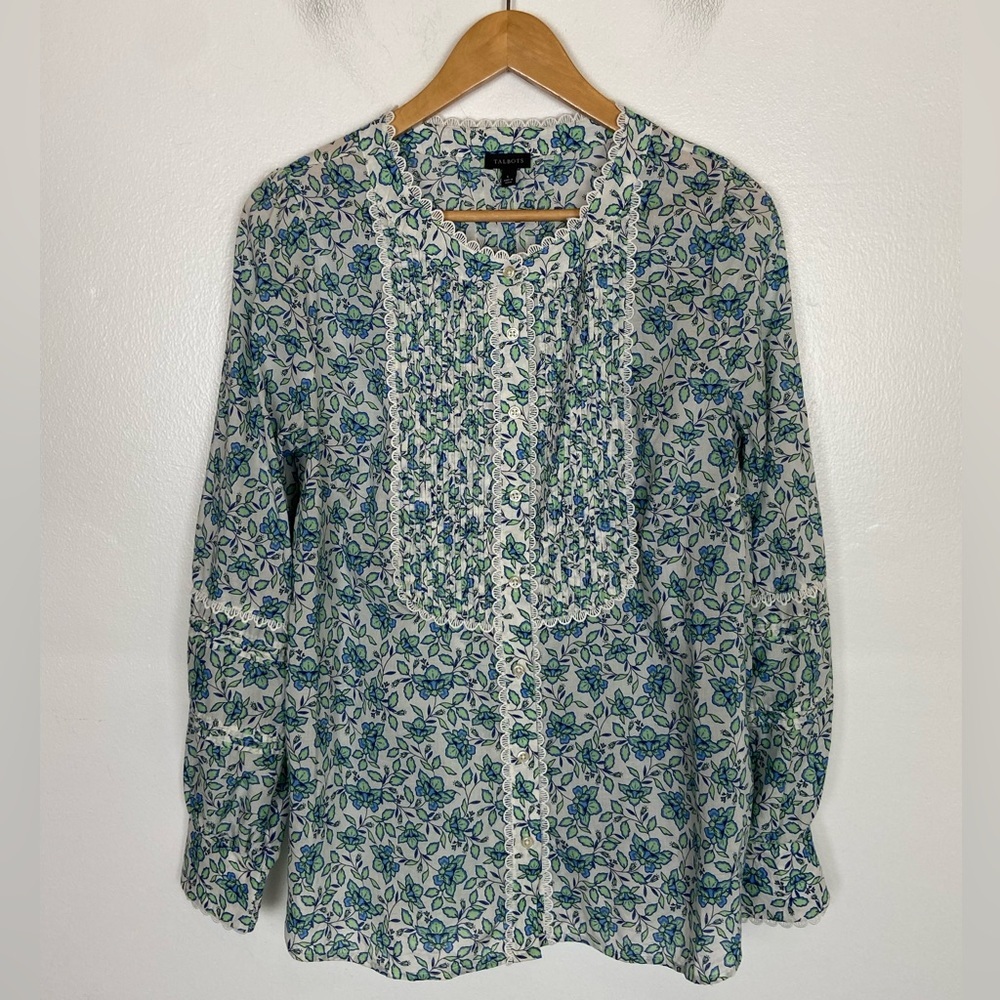 Talbots Floral Long Sleeves Top L Boho Cottagecore Puff Sleeves Lace Trim Cotton